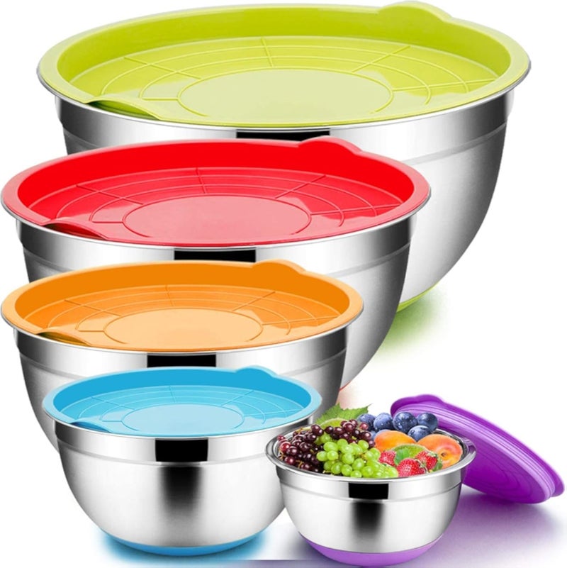 Mixing Bowls with Airtight Lids, 5 pieces Stainless Steel Metal Nesting Bowls Set, Salad Bowl with Polished Mirror Finish Colorful Non-Slip Silicone Bottoms for Kitchen Baking Mixing Serving Prepping