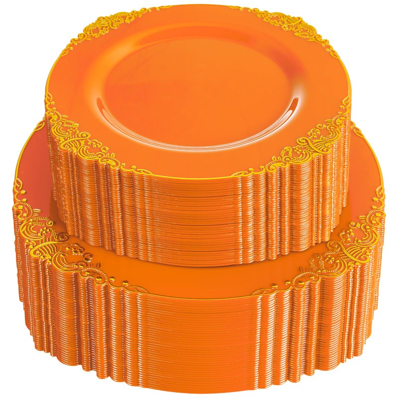 Joyido 102PCS Orange Plastic Plates Orange and Gold Disposable Plates Party Plate with Gold Rim Vintage Disposable Plate Serving for 51Guests for Party