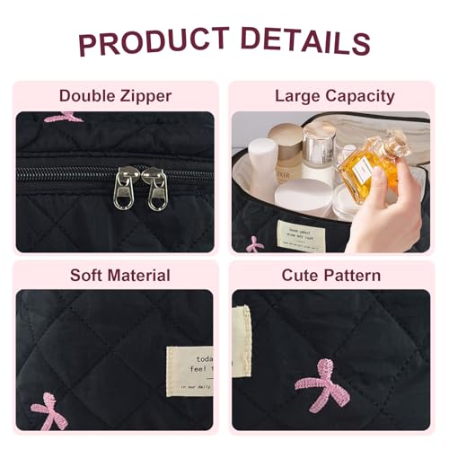 GISMTR Makeup Bag Quilted Bow Cosmetic Bag Large Travel Aesthetic Make up Bag Cute Coquette Toiletry Pouch for Women Girls - Image 3