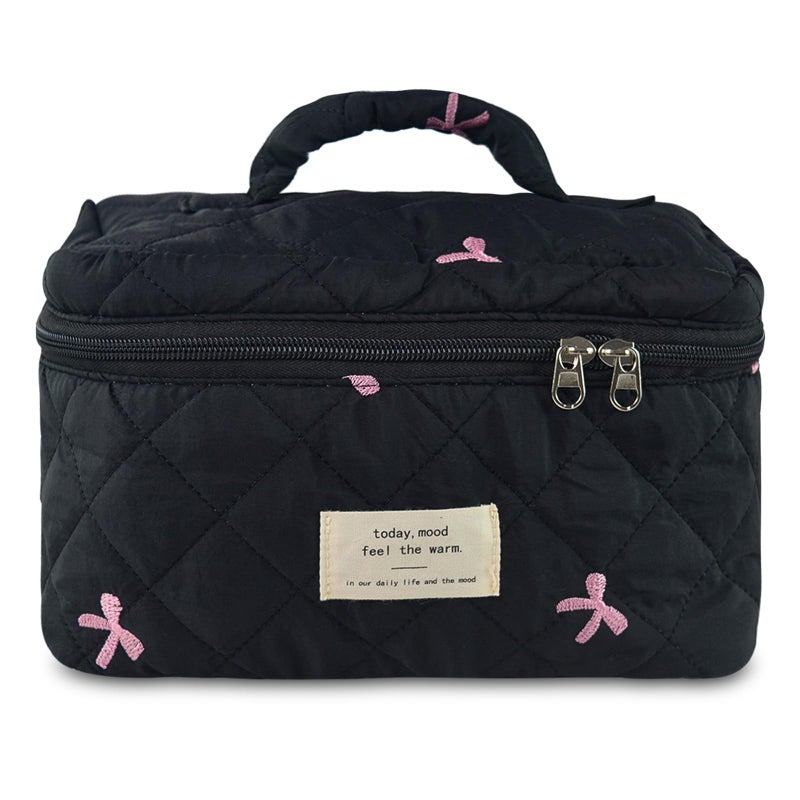 GISMTR Makeup Bag Quilted Bow Cosmetic Bag Large Travel Aesthetic Make up Bag Cute Coquette Toiletry Pouch for Women Girls - Image 2