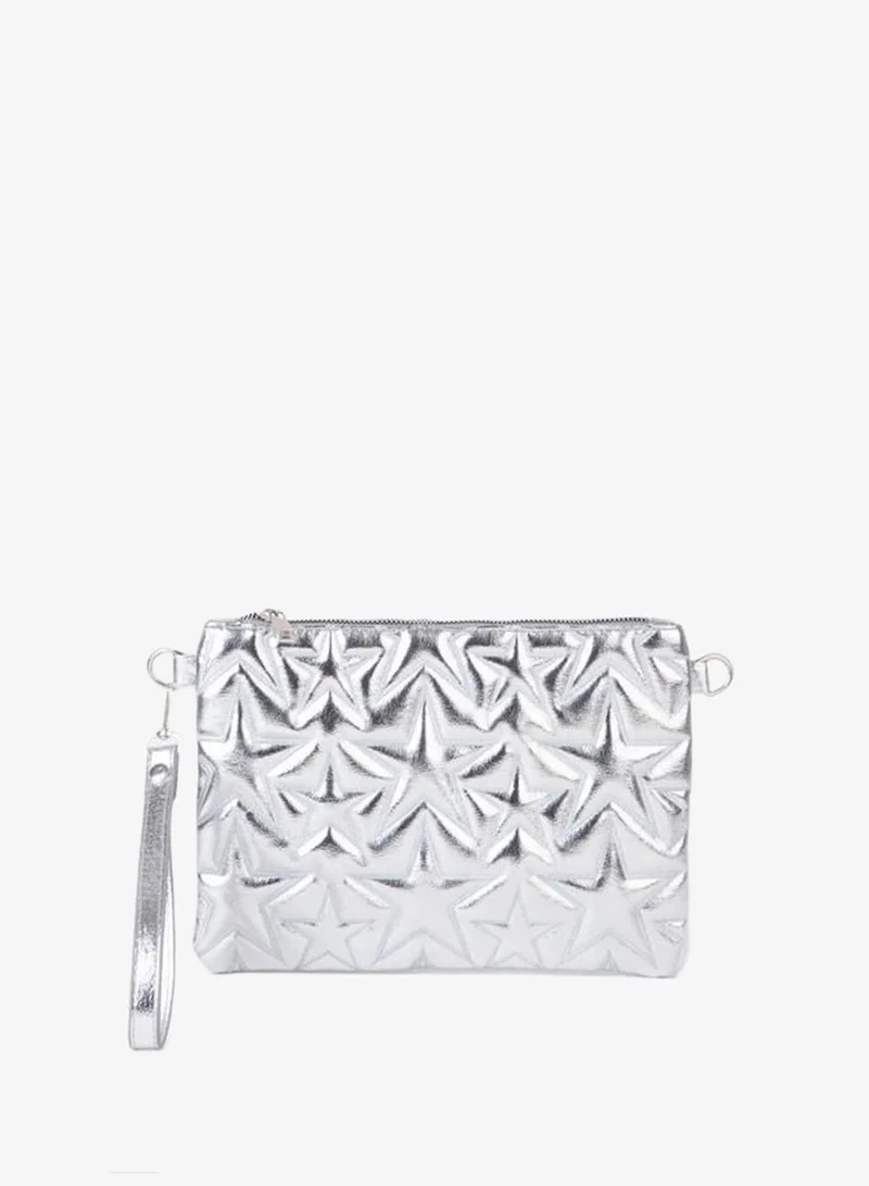 Women's Silver Star Embroidered PU Leather Wrist and Chain Strap Portfolio Handbag and Clutch.