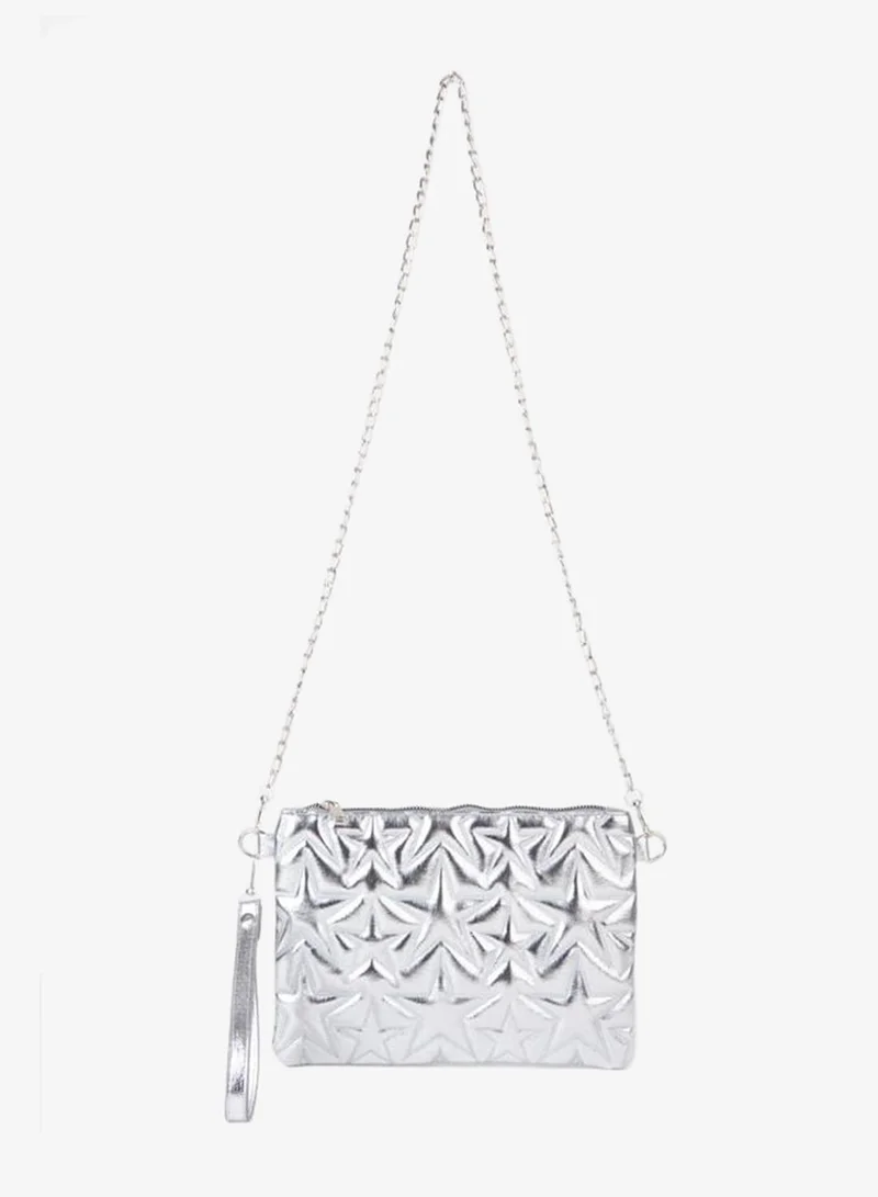 Vivaq Women's Silver Star Embroidered PU Leather Wrist and Chain Strap Portfolio Handbag and Clutch.
