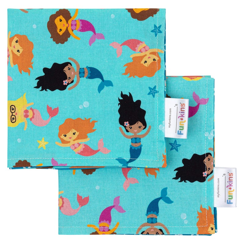 Funkins Reusable Cloth Napkins for Kids 12x12 2Ply Thick Absorbent Durable Machine Washable Name Tag Soft Cotton Fabric Great for School Lunchboxes Set of 2 Napkins Mermaids