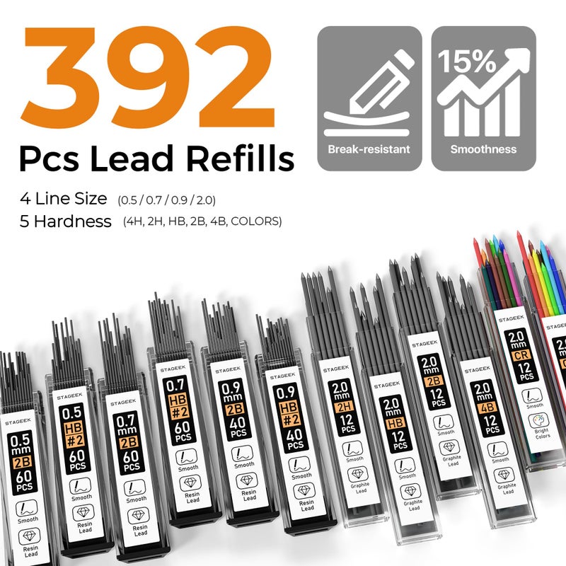 STAGEEK 25PCS Art Mechanical Pencil Set, 3PCS Metal lead pencil 0.5, 0.7, 0.9, 2PCS 2mm Drawing Pencil (HB 2H 2B 4B Color) with 392PCS Graphite Leads, Eraser with Case for Drafting Drawing Writing - Image 4