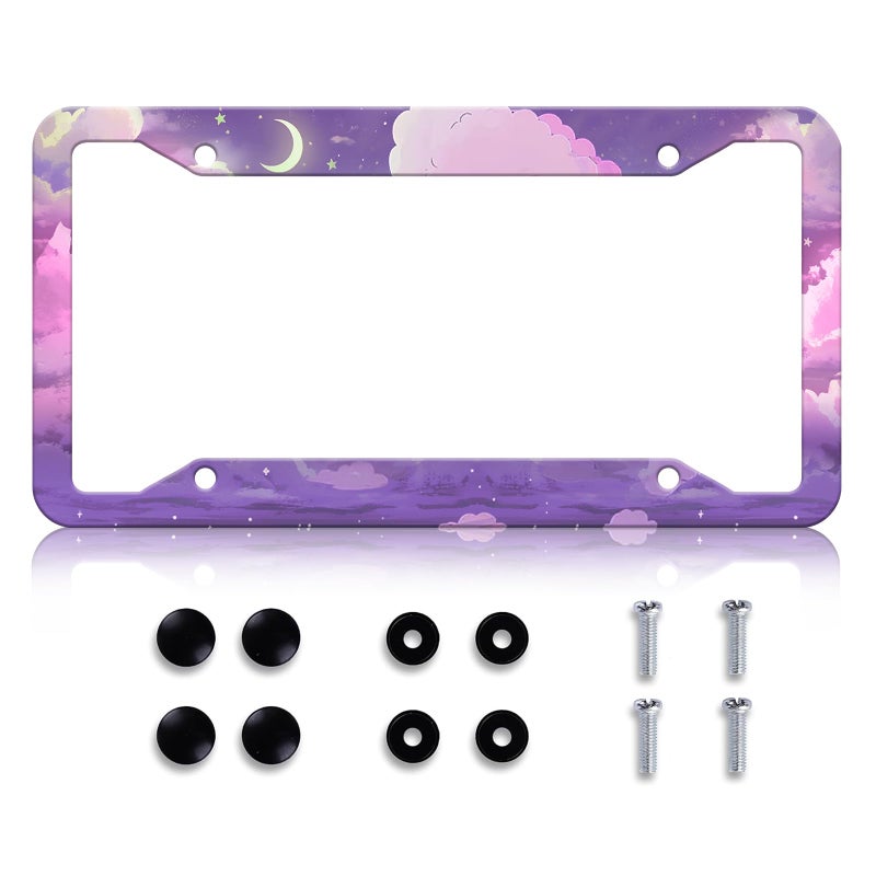 LIN KANG Purple Anime Cloud Moon Star License Plate Frame Night Scene License Plate Holder Stainless Steel Auto Parts RustProof Waterproof Car Decorative Tag Frame for Standard US 12x6 Inch - Image 3
