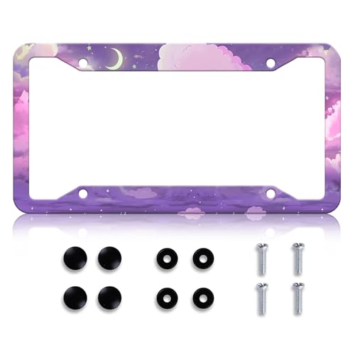 LIN KANG Purple Anime Cloud Moon Star License Plate Frame Night Scene License Plate Holder Stainless Steel Auto Parts RustProof Waterproof Car Decorative Tag Frame for Standard US 12x6 Inch - Image 1