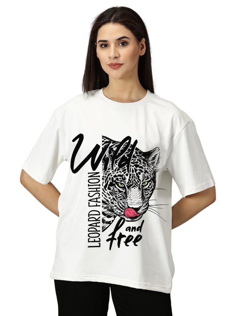 RodZen Oversized Half Sleeves Drop Shoulder Cotton Blend Round Neck Printed T-Shirt for Women (in, Alpha, 2XL, White) - Image 1