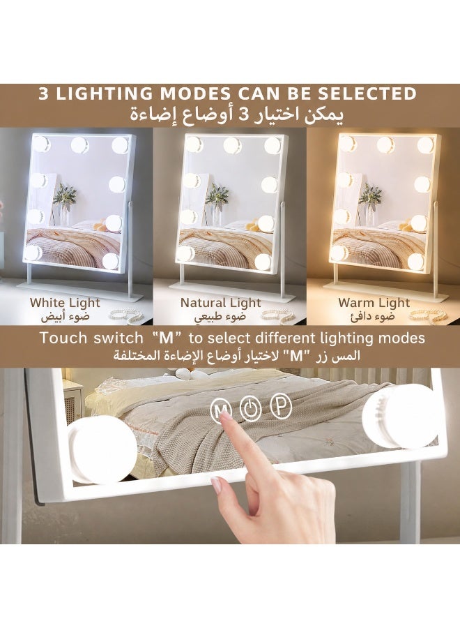 Vanity Mirror with Lights, Rechargeable Lighted Makeup Mirror with 9 LED Bulbs, 10X Magnifying Mirror, Smart Touch Control Dimmable Tabletop Makeup Mirror, 3 Color Lighting Modes, 360° Rotation, Type-C USB Charging Hollywood Style Dressing Mirror for Bedroom Vanity Desk - Image 3