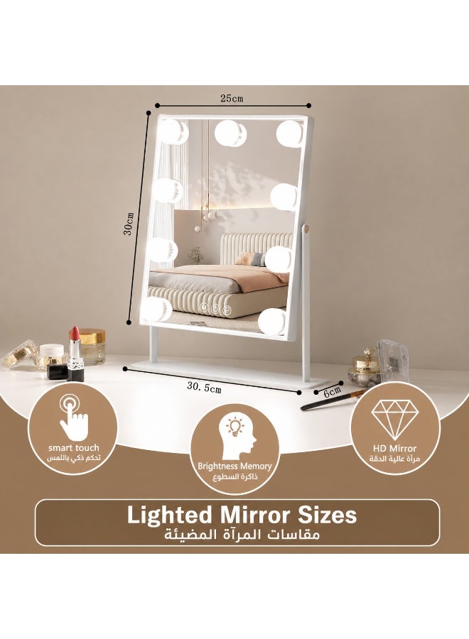 Vanity Mirror with Lights, Rechargeable Lighted Makeup Mirror with 9 LED Bulbs, 10X Magnifying Mirror, Smart Touch Control Dimmable Tabletop Makeup Mirror, 3 Color Lighting Modes, 360° Rotation, Type-C USB Charging Hollywood Style Dressing Mirror for Bedroom Vanity Desk - Image 4