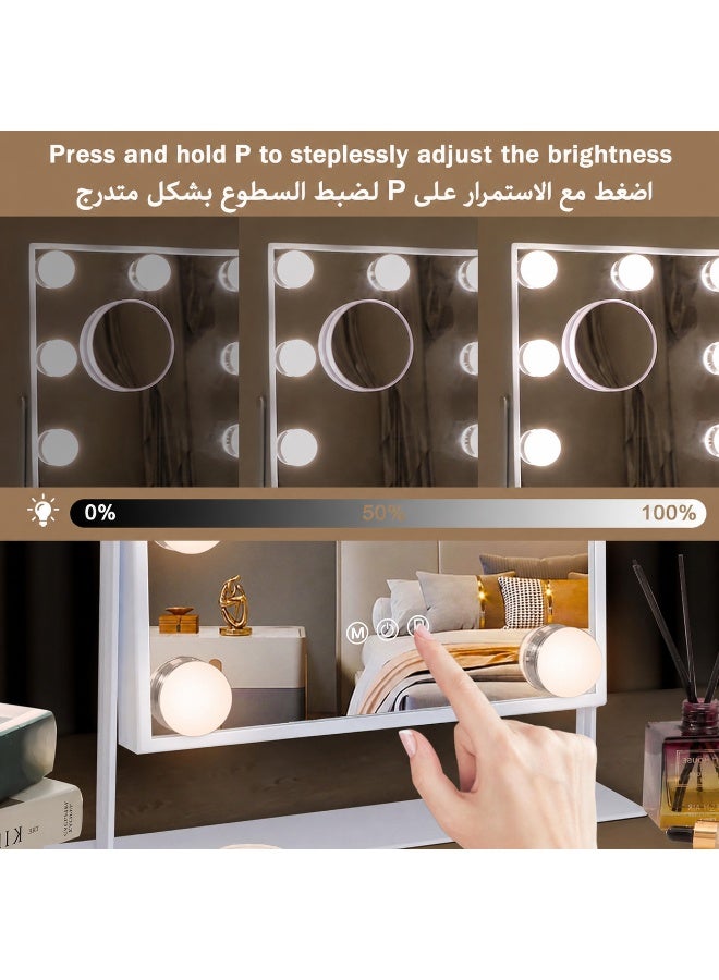 Vanity Mirror with Lights, Rechargeable Lighted Makeup Mirror with 9 LED Bulbs, 10X Magnifying Mirror, Smart Touch Control Dimmable Tabletop Makeup Mirror, 3 Color Lighting Modes, 360° Rotation, Type-C USB Charging Hollywood Style Dressing Mirror for Bedroom Vanity Desk - Image 2