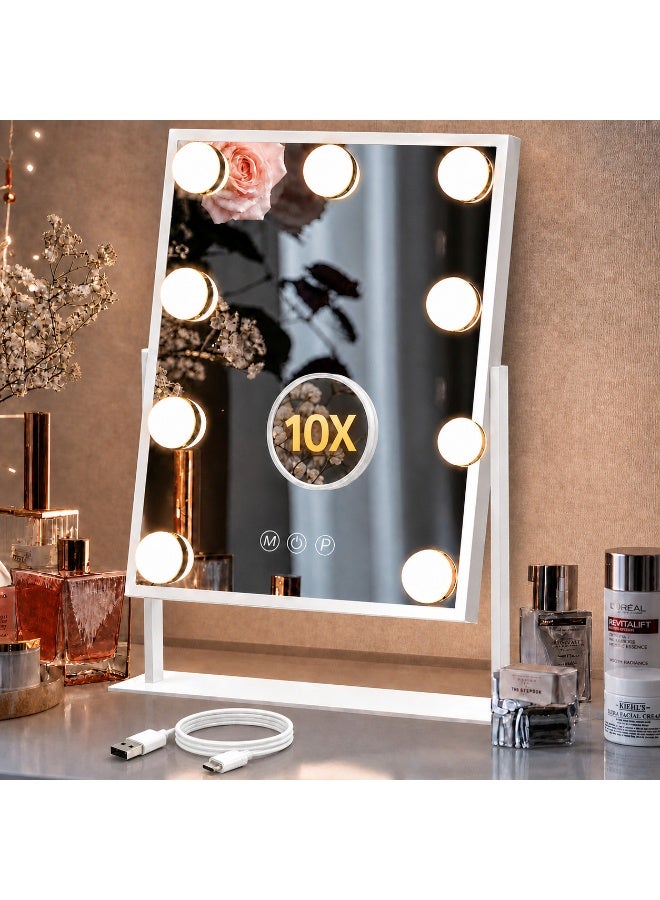 Vanity Mirror with Lights, Rechargeable Lighted Makeup Mirror with 9 LED Bulbs, 10X Magnifying Mirror, Smart Touch Control Dimmable Tabletop Makeup Mirror, 3 Color Lighting Modes, 360° Rotation, Type-C USB Charging Hollywood Style Dressing Mirror for Bedroom Vanity Desk - Image 1