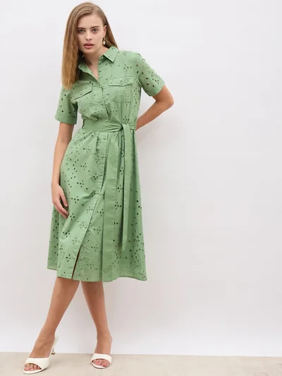 Styli Styli Schiffli Short Sleeve Shirt Midi Dress with Belt Detail