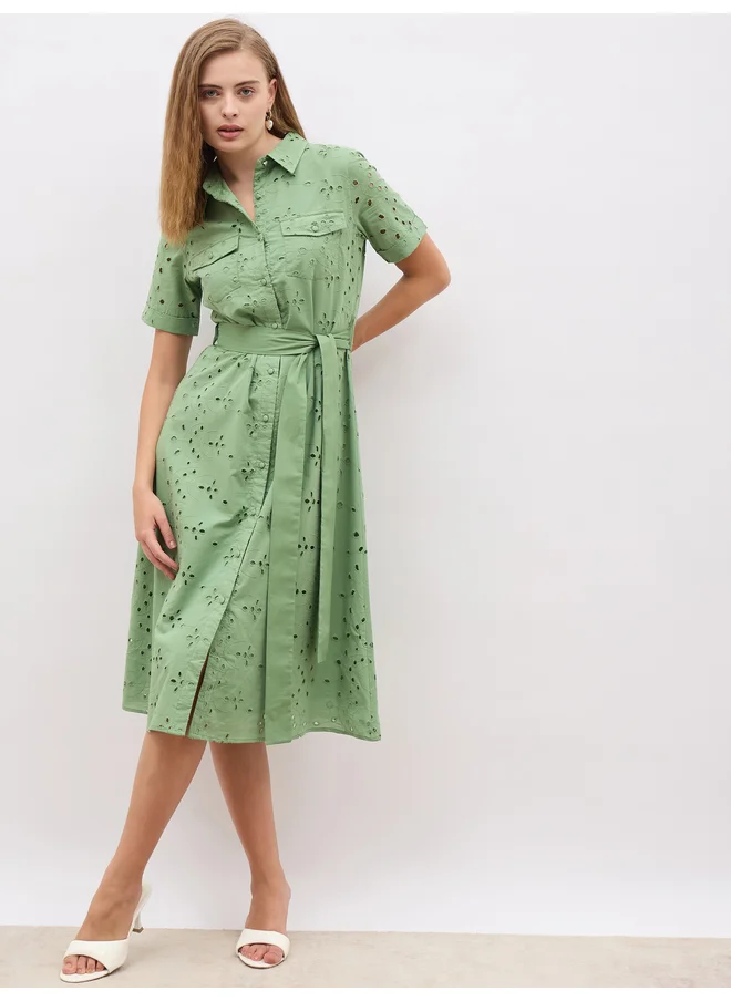 ستايلي Styli Schiffli Short Sleeve Shirt Midi Dress with Belt Detail