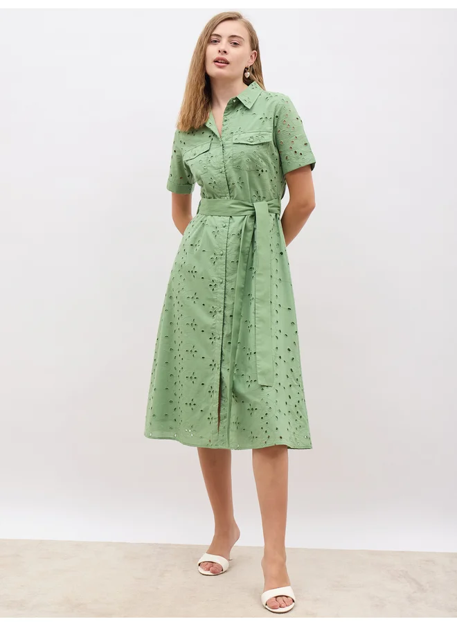 ستايلي Styli Schiffli Short Sleeve Shirt Midi Dress with Belt Detail