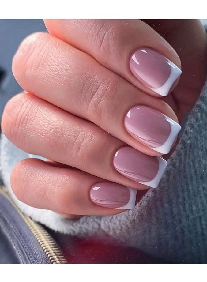 24 pcs Ballet French White Edge Press On Nails - Glue On False Nails for Women, and Teens with Glue Sticker and Nails File - Short Coffin Nails for a Natural Look - Image 1