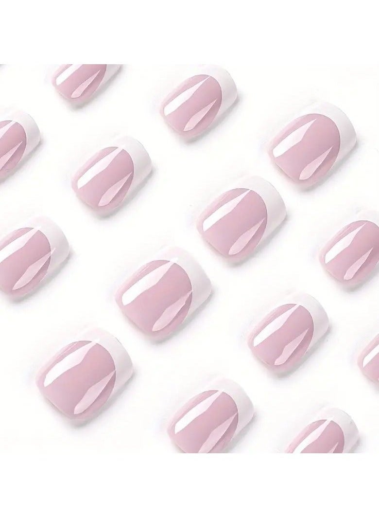 24 pcs Ballet French White Edge Press On Nails - Glue On False Nails for Women, and Teens with Glue Sticker and Nails File - Short Coffin Nails for a Natural Look - Image 3