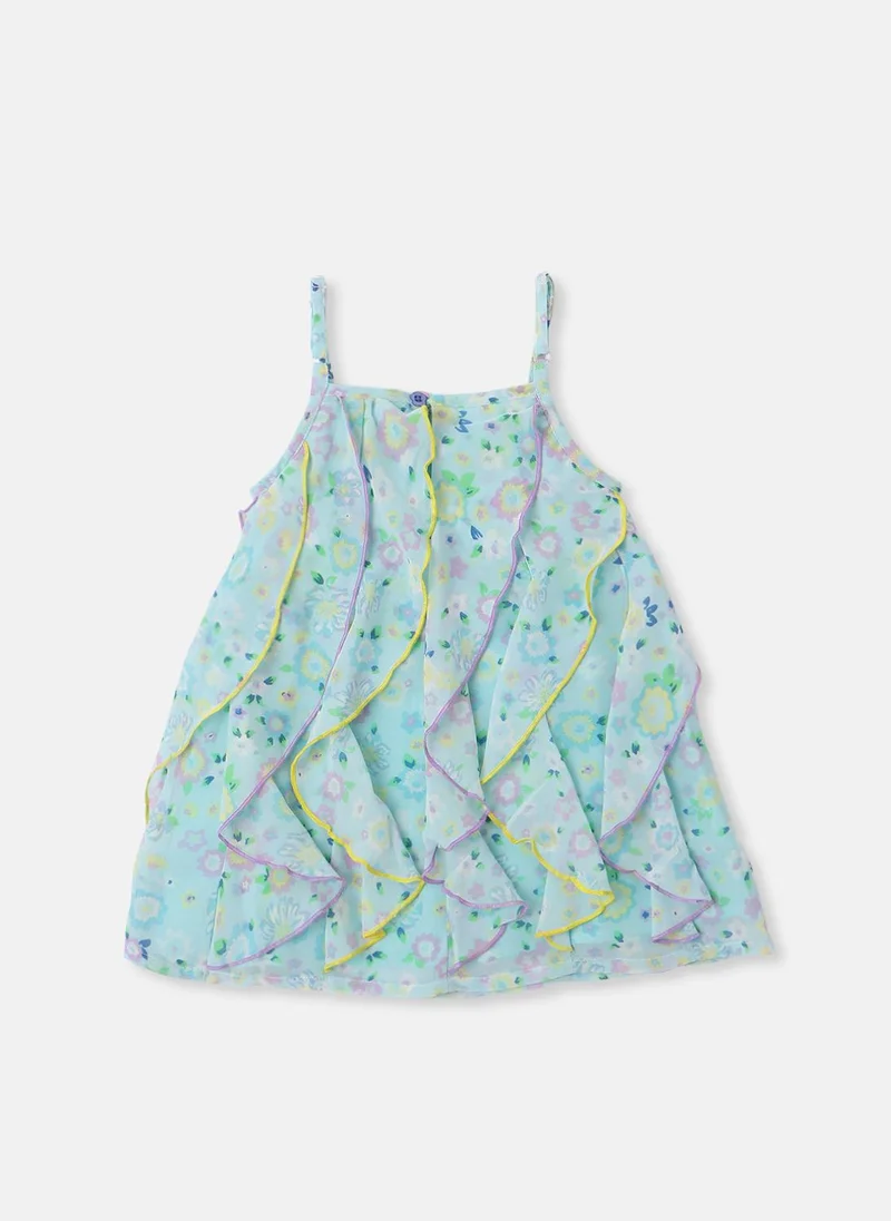 Nautinati Nautinati Girls’ Georgette Floral Printed Waterfall Dress with Tassels Detail