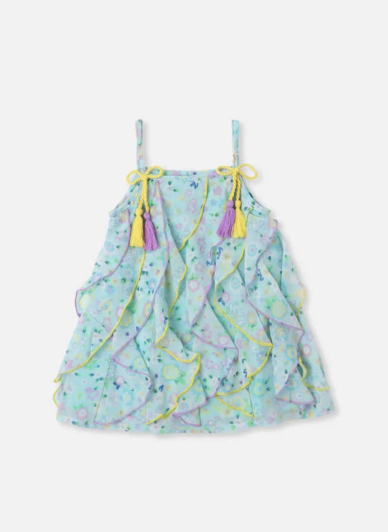 Nautinati Nautinati Girls’ Georgette Floral Printed Waterfall Dress with Tassels Detail