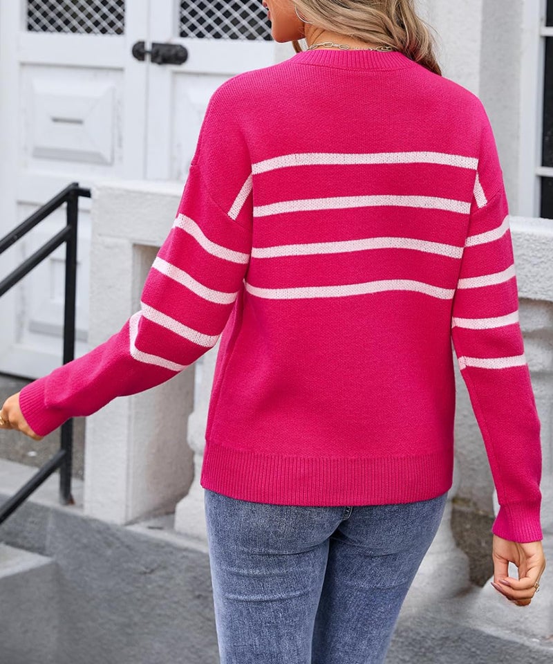 Sumleno Womens Cute Bow Striped Sweater Crewneck Long Sleeve Knit Sweatshirt Top Warm Soft Winter Y2k Aesthetic Pullover (M,Rose Pink) - Image 5