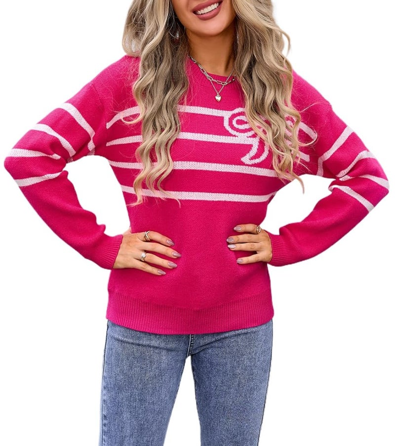 Sumleno Womens Cute Bow Striped Sweater Crewneck Long Sleeve Knit Sweatshirt Top Warm Soft Winter Y2k Aesthetic Pullover (M,Rose Pink) - Image 1