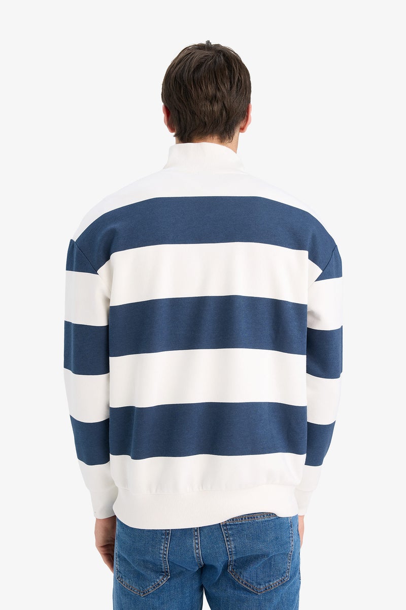 DeFacto Blue Man Boxy Fit Striped Long Sleeve Sweatshirt Casual - Image 3