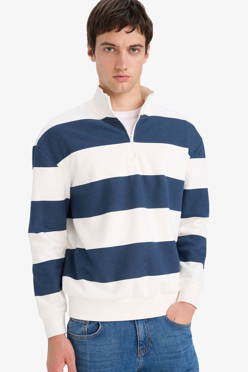DeFacto Blue Man Boxy Fit Striped Long Sleeve Sweatshirt Casual - Image 1