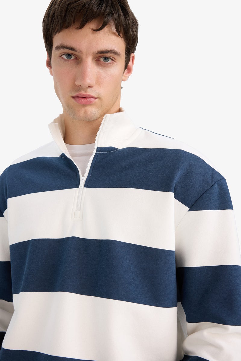 DeFacto Blue Man Boxy Fit Striped Long Sleeve Sweatshirt Casual - Image 4