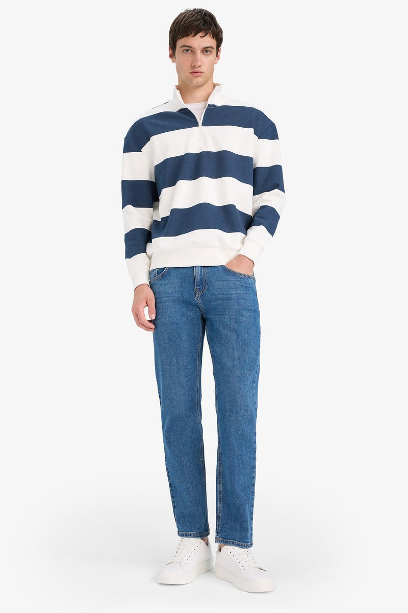 DeFacto Blue Man Boxy Fit Striped Long Sleeve Sweatshirt Casual - Image 2