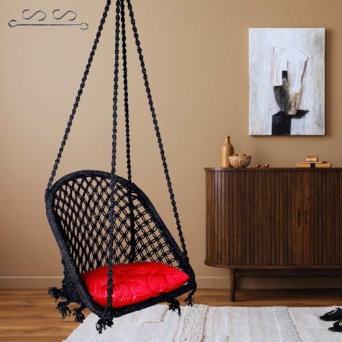 Patiofy Cotton D Shape Swing Chair/Swing for Adults & Kids/Swing for Balcony/Swing Chair for Adults for Home/Jhula for Adults/Jhoola/Swing for Indoor/Includes Hanging Kit & Red Sitting Cushion -Black - Image 1