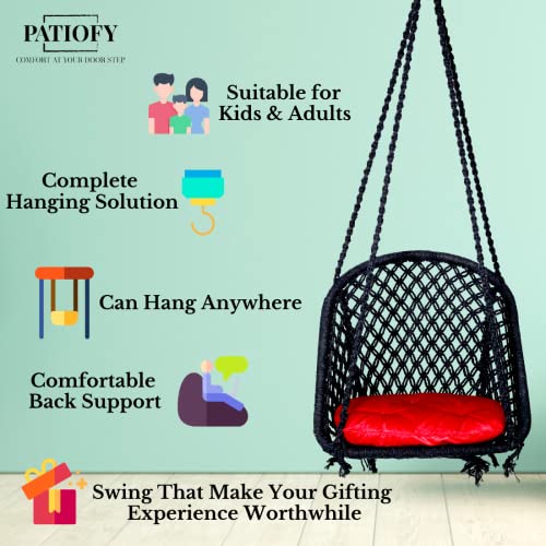 Patiofy Cotton D Shape Swing Chair/Swing for Adults & Kids/Swing for Balcony/Swing Chair for Adults for Home/Jhula for Adults/Jhoola/Swing for Indoor/Includes Hanging Kit & Red Sitting Cushion -Black - Image 5