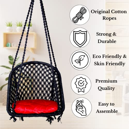 Patiofy Cotton D Shape Swing Chair/Swing for Adults & Kids/Swing for Balcony/Swing Chair for Adults for Home/Jhula for Adults/Jhoola/Swing for Indoor/Includes Hanging Kit & Red Sitting Cushion -Black - Image 4