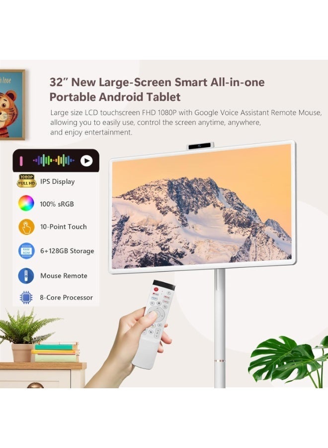OTTAL 2026 New Model 32 Inch Rolling Smart TV with 1080P Touch Screen | Android 15 OS | MTK 8-core CPU | 8G+128G Storage | Built-in 13MP Camera | Remote Voice Control | Full Rotation Portable TV on Wheels，Stand by Me - Image 3