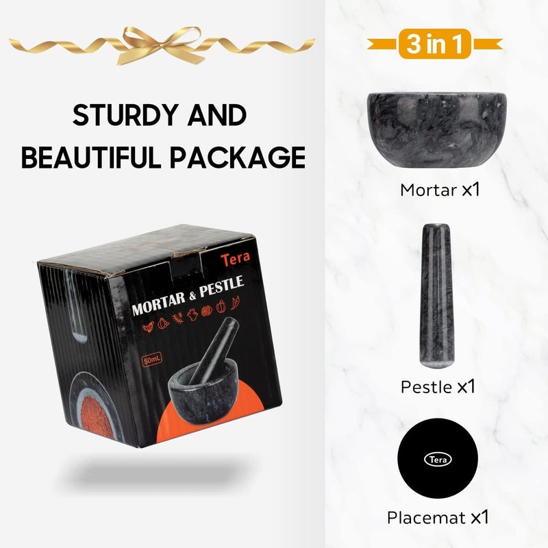 Tera Marble Mortar and Pestle Set Large Solid Stone Grinder Spice Herb Grinder Pill Crusher (Black, Diameter 5.5") - Image 3