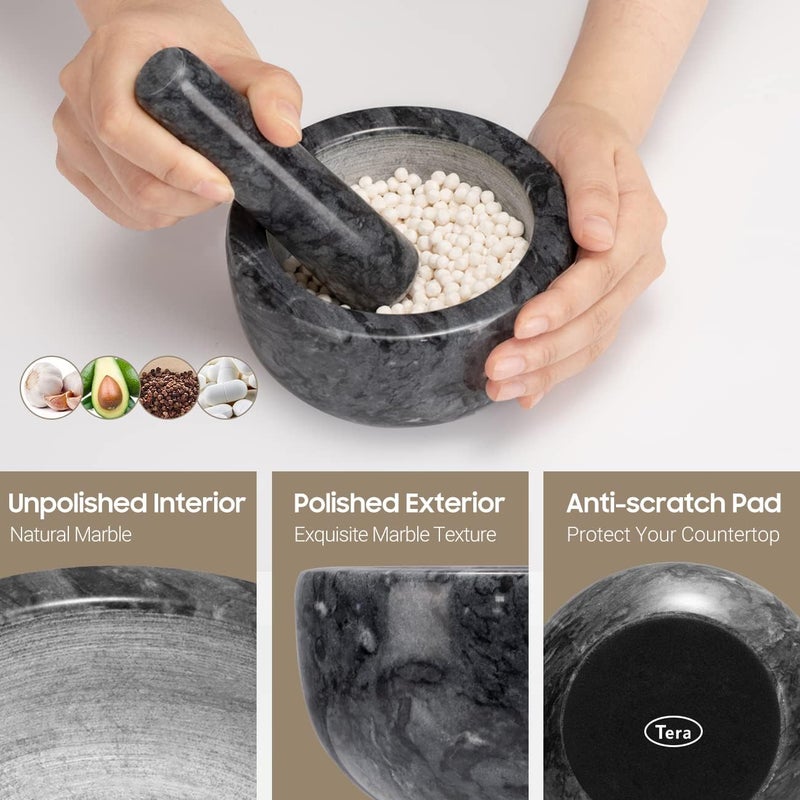 Tera Marble Mortar and Pestle Set Large Solid Stone Grinder Spice Herb Grinder Pill Crusher (Black, Diameter 5.5") - Image 4