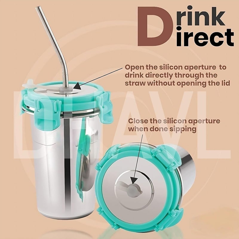Dhavl Stainless Steel Tumbler with Silicon Aperture Steel Lid Leak Proof Set of 1 pcs with 1 Straws 1 Brush Glass Tumbler Steel lid Steel Glass with Lid CapacitySea Green 400ml 1 pcs - Image 4
