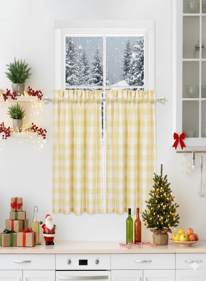 Bapawfish Yellow White Autumn Cafe Kitchen Curtains 45 Inches Length, Buffalo Plaid Pattern Short Bathroom Window Curtain, Gingham Design Half Window Tier Curtains, 28" x 45", Yellow/White, Set of 2 - Image 1