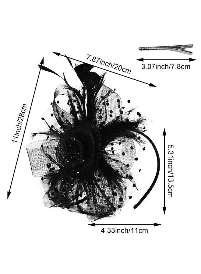 قبعات فاسيناتور للنساء لحفلات الشاي، قبعات حفلات الشاي للنساء، زهور، شرائط شبكية، ريش، عصابة رأس، إكسسوارات شعر (أسود) - Image 2