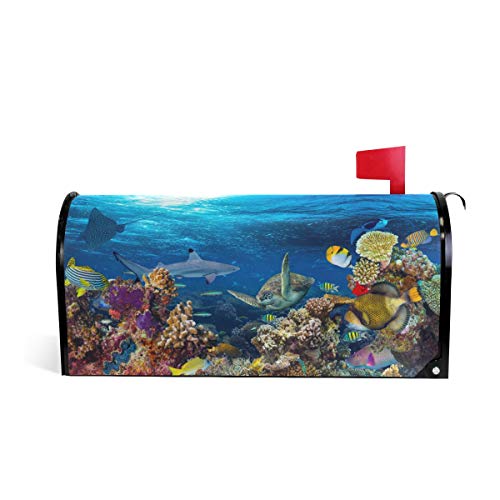 ZZKKO Magnetic Mailbox Covers Ocean Marine Life Turtle Shark Coral Reef Landscape Letter Box Cover Colorful Painting - Image 1