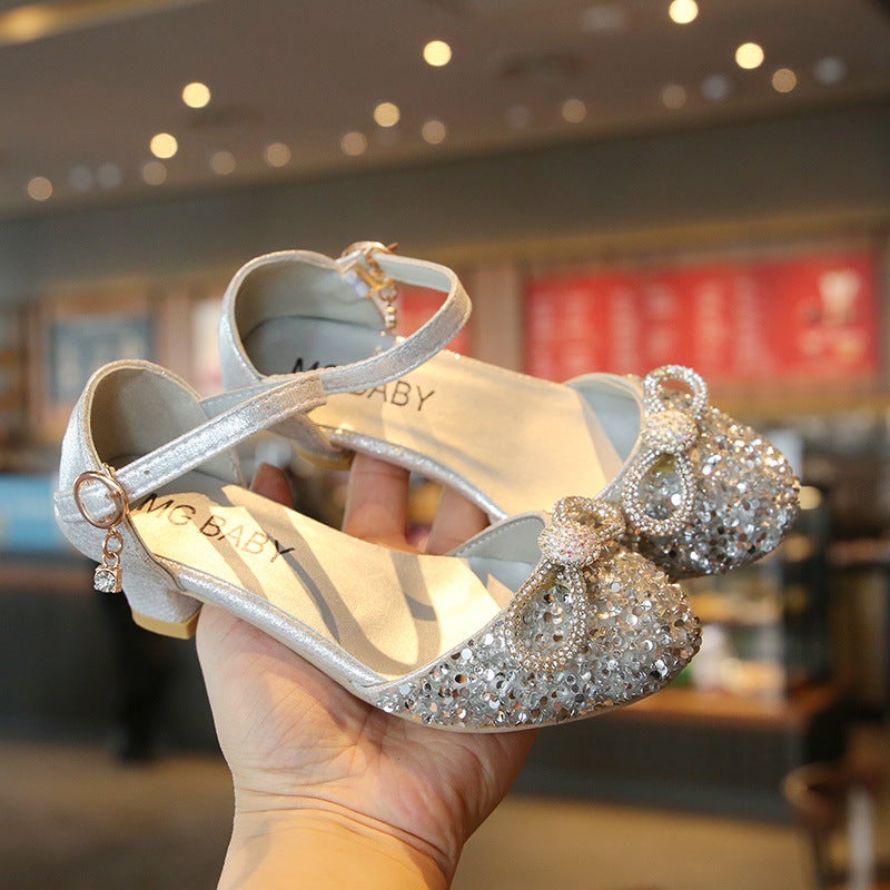 Girls'' Crystal Shoes Korean Style Bowknot Closed-Toe Princess Shoes 2026 Spring Big Kids Dance Sandals Girls'' High Heels - Image 2