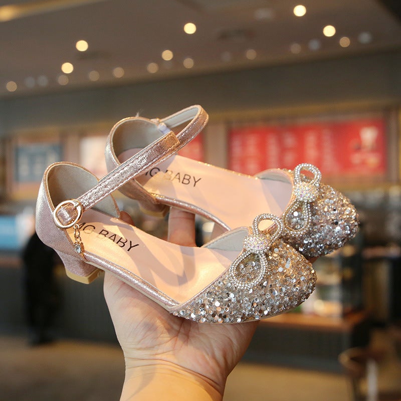 Girls'' Crystal Shoes Korean Style Bowknot Closed-Toe Princess Shoes 2026 Spring Big Kids Dance Sandals Girls'' High Heels - Image 1