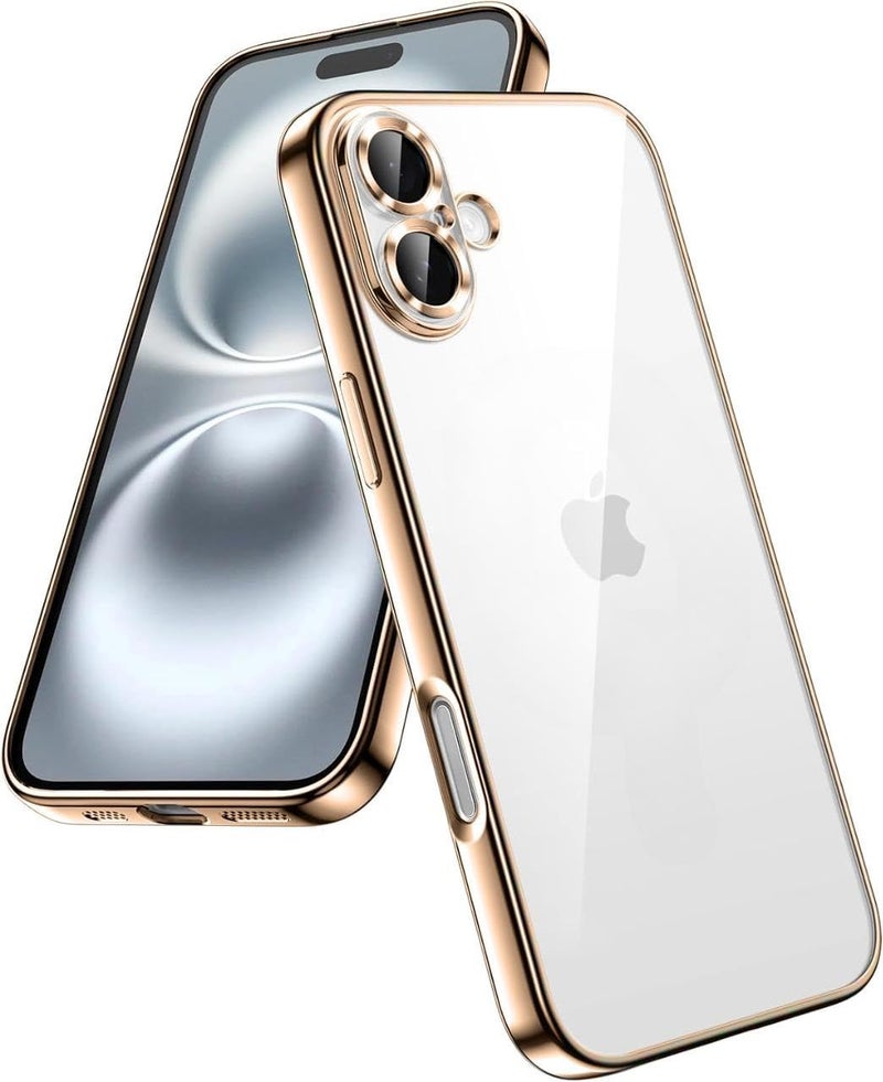VONZEE Electroplated Transparent Clear Transparent Cover for iPhone 16, TPU Cover, Full Body & Individual Camera Protection for Each Lens Bumper Cases for Men & Women (Gold) - Image 1