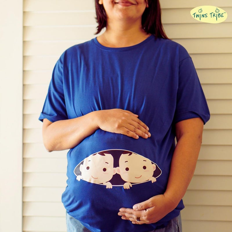 TwinsTribe Peek-a-Boo Tees for Women - Cotton Round Neck Half Sleeves Printed T-Shirt | Tee for Twins Moms - | Blue - Image 2