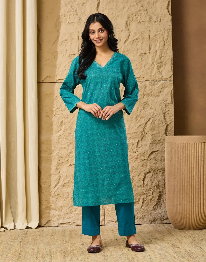 Fabindia  Avni Blue Cotton Pant & Kurta Set for Women | Best Price UAE
