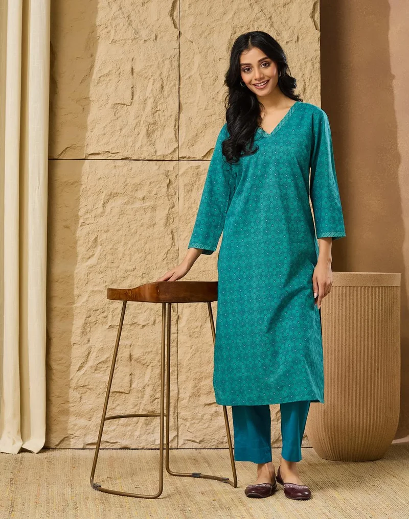 Avni Blue Cotton Pant & Kurta Set