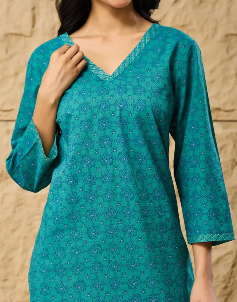 Fabindia  Avni Blue Cotton Pant & Kurta Set for Women | Best Price UAE