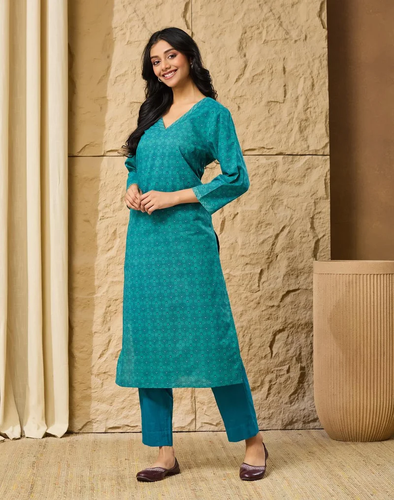 Fabindia  Avni Blue Cotton Pant & Kurta Set for Women | Best Price UAE