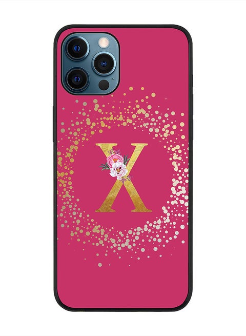 Rugged Black edge case for Apple iPhone 12 Pro Max, Soft Flexible Phone case Custom Monogram Initial Letter Floral Pattern Alphabet - X (Dark Pink Rose)