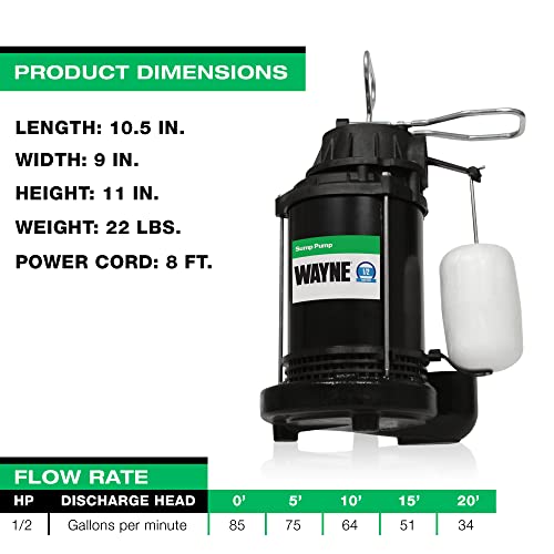 WAYNE CDU800 1/2 HP Submersible Cast Iron and Steel Sump Pump With Integrated Vertical Float Switch - Image 5