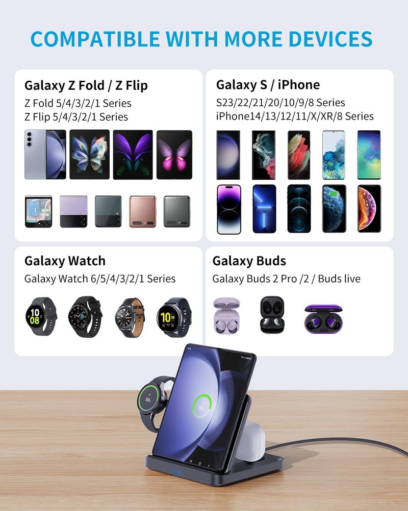 ANPULES Wireless Charger Station for Samsung Z Fold 7/6/5, ANPULES 3 in 1 Foldable Fast Wireless Charging Stand Dock for Galaxy Z Fold4/Flip 6/5, Wireless Charger for Watch 6/6 Classic, Buds 2/Pro/Live - Image 5