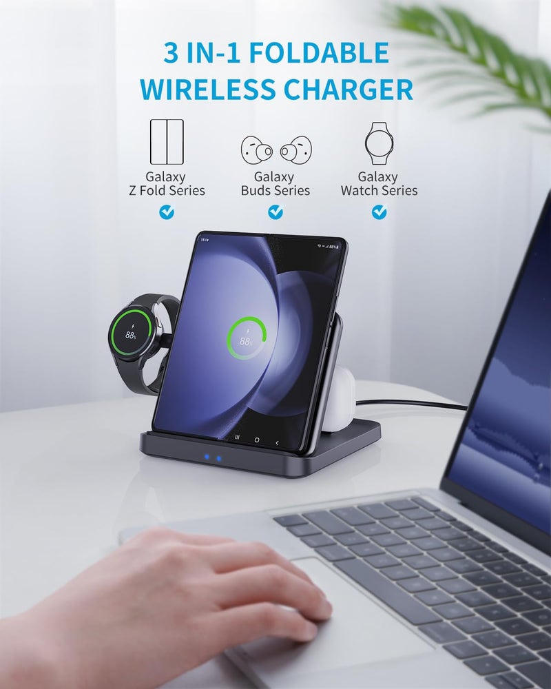 ANPULES Wireless Charger Station for Samsung Z Fold 7/6/5, ANPULES 3 in 1 Foldable Fast Wireless Charging Stand Dock for Galaxy Z Fold4/Flip 6/5, Wireless Charger for Watch 6/6 Classic, Buds 2/Pro/Live - Image 2